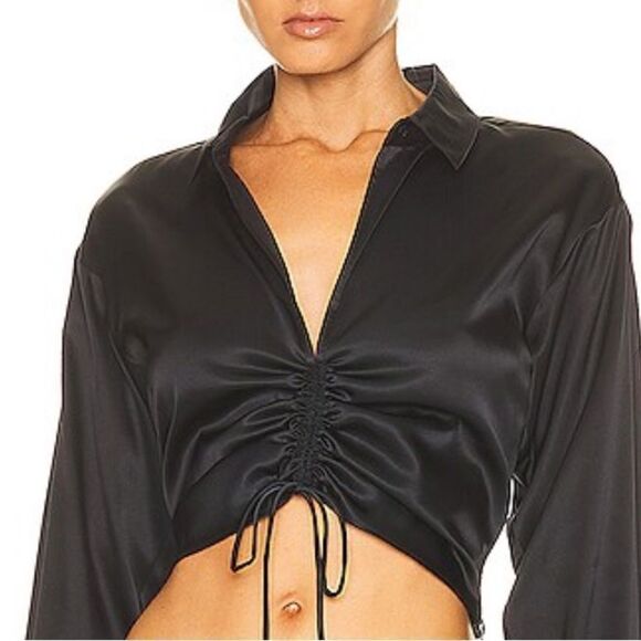 NWT FRAME Cinch Front Long Sleeve Top Black Silk Large Revolve - Picture 3 of 16